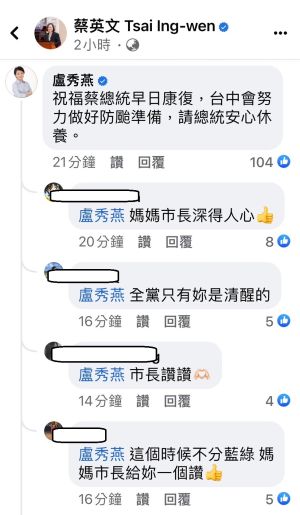 臉書祝蔡英文早日康復 網讚盧秀燕「不分藍綠」深得人心 ▲台中市長盧秀燕上總統蔡英文的臉書,祝福她早日康復,網友留言讚許。(圖/翻攝總統蔡英文臉書,2023.07.25)