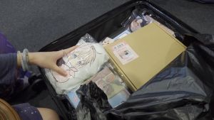 ▲王小姐展示在漫博購買的「BL戰利品」，手上拿著的是《戀愛禁區兔子傳》的小抱枕。（圖／記者朱永強攝2023.07.27）