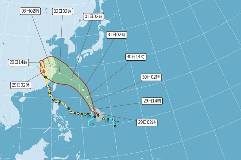▲卡努颱風最新預測路徑出爐，將輕易跨越「中度颱風」門檻，有機會觸及台灣北部海面。（圖／中央氣象局官網）