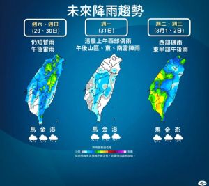 ▲下週二（1日）受「卡努」颱風外圍環流影響，迎風面西半部有局部短暫雨，北台灣降雨較明顯。（圖／中央氣象局）