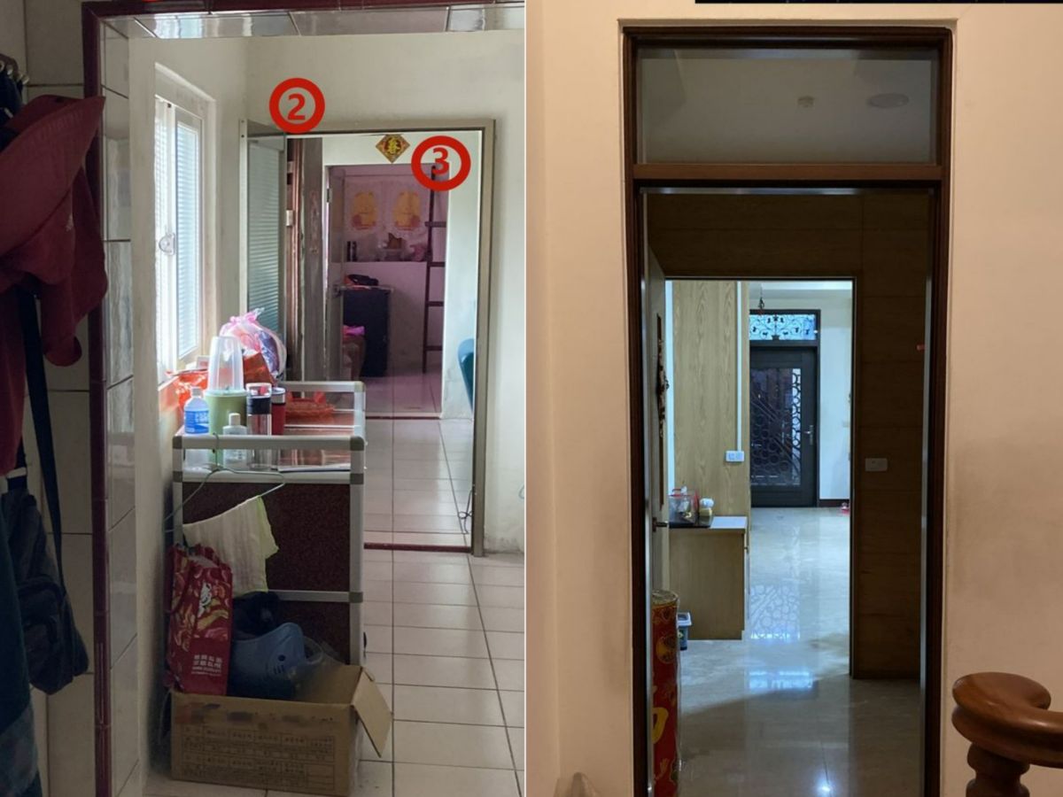 ▲住宅內出現三門相通，即大門或房門一直線形式相通，即為風水中「一箭穿心」，恐怕會讓居住者嚴重漏財，千萬別住。（圖／翻攝湯鎮瑋臉書）
