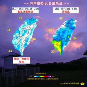 ▲卡努颱風在週二至週三最靠近台灣，週四至週六受西南風影響，南部降雨較為明顯。（圖／中央氣象局提供）