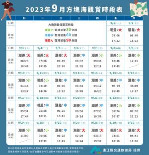 光海洋觀光年9月登場 方塊海攝影教學8/1線上開搶 ▲2023年9月莒光方塊海最佳觀賞時段表,由莒光鄉公所提供。(圖/主辦單位提供)