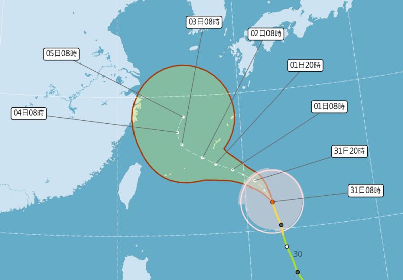 ▲卡努颱風路徑最新預測上，週四（8月3日）清晨它會明顯北轉往日本前進，氣象局也說明此路徑對台灣天氣的影響。（圖／翻攝中央氣象局官網）