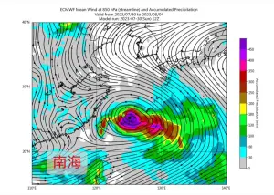▲近日台灣南側的風向本就偏西南風，而卡努颱風逆時針旋轉，會帶動從南海吹出來的「西南風」，並對台灣造成影響。（圖／賈新興提供）