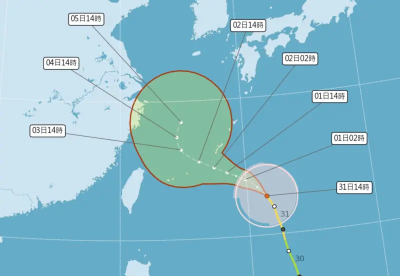 ▲卡努颱風最新路徑往西修正，週三、週四北轉時將會更靠近台灣，中央氣象局說明，明晚發布海警的機率略微提高。（圖／翻攝中央氣象局官網）