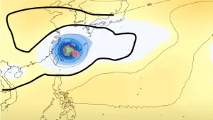 ▲颱風南方的高壓勢力增強，給予颱風往北的推力，但颱風北方的高壓減弱較慢，反而阻擋了颱風行徑路線。（圖／氣象專家賈新興YouTube）