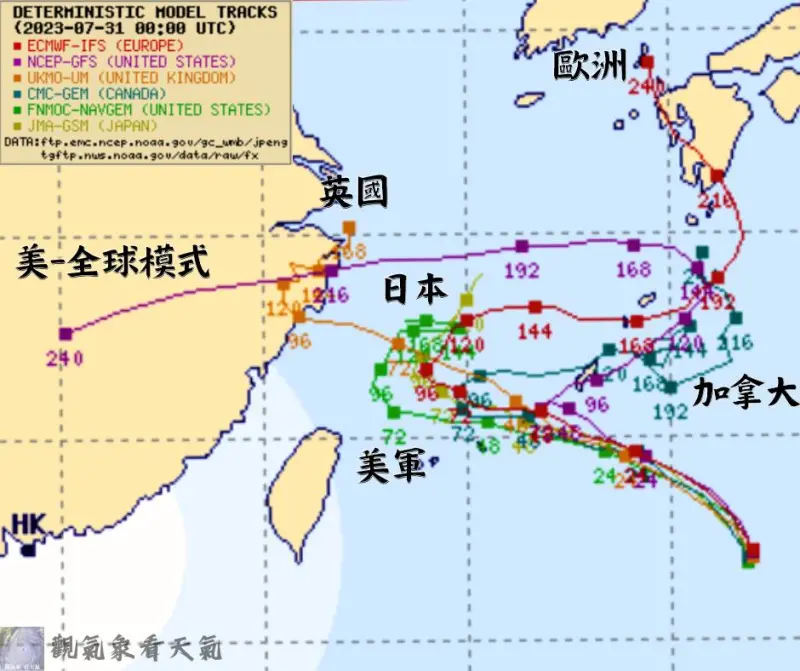 ▲卡努颱風讓各國超級電腦為之瘋狂，後期預測路徑呈現大亂鬥的情況。（圖／觀氣象看天氣粉專）