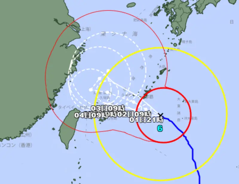 ▲日本氣象廳預估的卡努颱風路徑，沖繩將首當其衝。（圖／擷取自日本氣象廳官網）