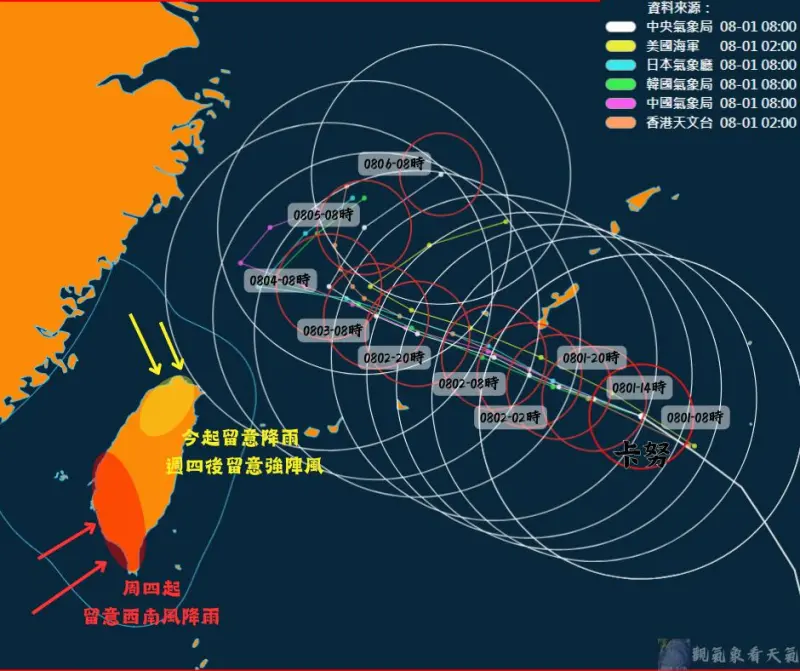 ▲卡努颱風未來將威脅台灣北部海域，且不排除與陸地接觸，週四之後北部「瞬間陣風」可能接近颱風假標準。（圖／觀氣象看天氣臉書）