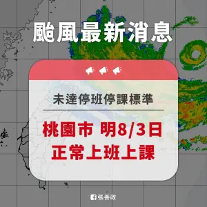 ▲張善政在今（2）日晚間8點33分表示，桃園市明(3)日維持正常上班上課決議。（圖／張善政臉書）