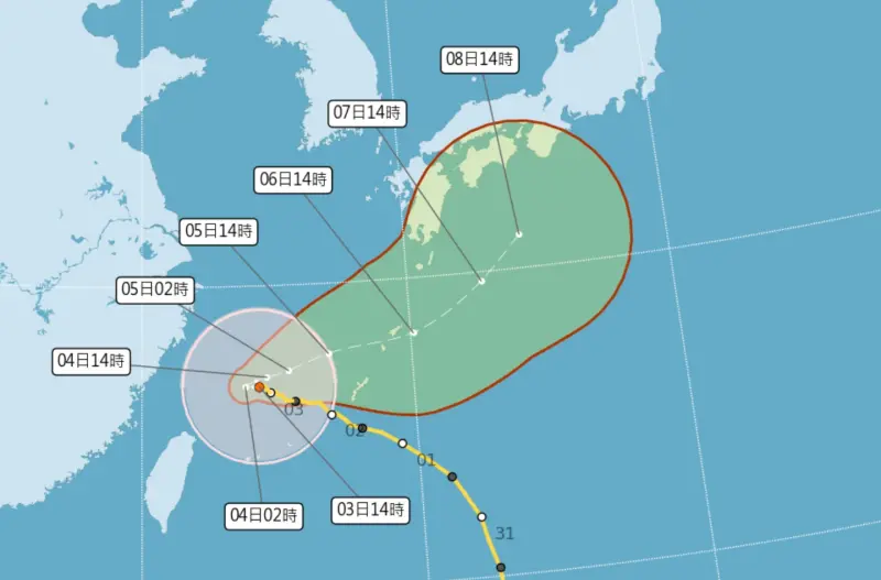 ▲卡努颱風持續維持「海陸警報」齊發的情況，今日午後暴風圈將觸陸，北北基宜目前都在陸警警戒範圍內。（圖／翻攝中央氣象局官網）