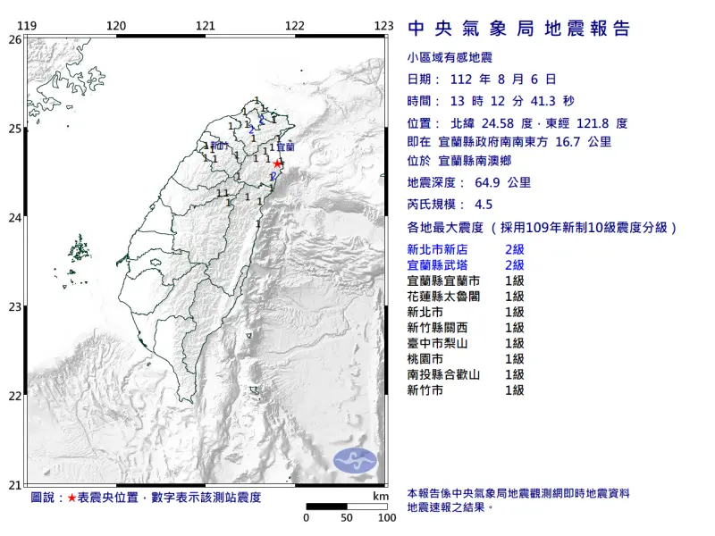 ▲宜蘭縣南澳鄉今（6）日下午1時12分發生芮氏規模4.5地震，整個北台灣都有感。（圖／中央氣象局提供）