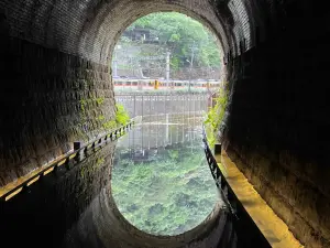 ▲在三爪子隧道設計的鏡面水池反射出翠綠山色及火車行經影像。（圖 ／新北市政府觀光旅遊局提供）