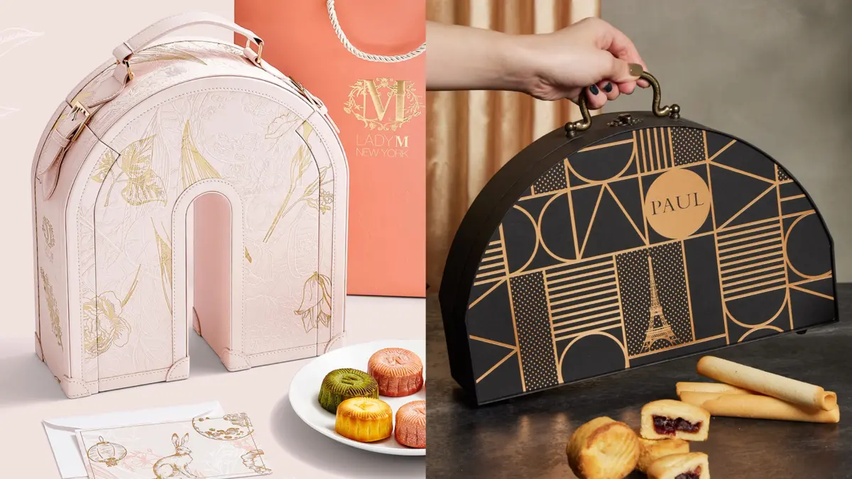 ▲2023中秋節必收2款絕美月餅禮盒，比飾品珠寶盒還漂亮！Lady M「MOONGLOW」是粉嫩珍珠光澤的圓拱型皮革盒，PAUL「巴黎之月」則是神秘黑金半圓型手提包，早鳥預購優惠開跑。（圖／LADY M、PAUL提供）