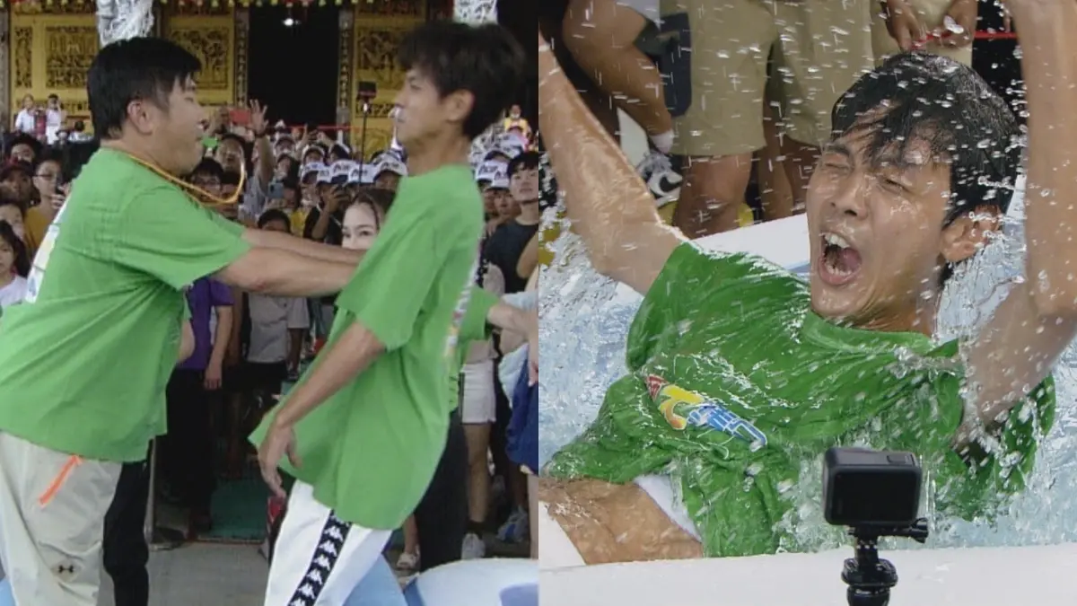 ▲胡瓜（左圖左）展現回春好腰力，連續2次秒殺阿翔，讓阿翔落水後惱羞大叫：「我不玩了啦！」（圖／民視提供）