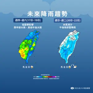 ▲今日各地出現的雨勢只是開端，明後天低壓帶影響台灣最嚴重，尤其中南部地區雨量可能相當可觀。（圖／中央氣象局提供）