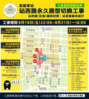 ▲站西路18日起封閉施工3日，公路行經路線調整圖。（圖／高市警局交通大隊提供）