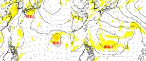 ▲今日（左圖）模擬顯示，本週環境對熱帶擾動、颱風的發展有利，預計週三日本天氣就會受到些許影響，週六（右圖）第2個擾動持續在菲律賓東方海面醞釀。（圖／「三立準氣象．老大洩天機」）