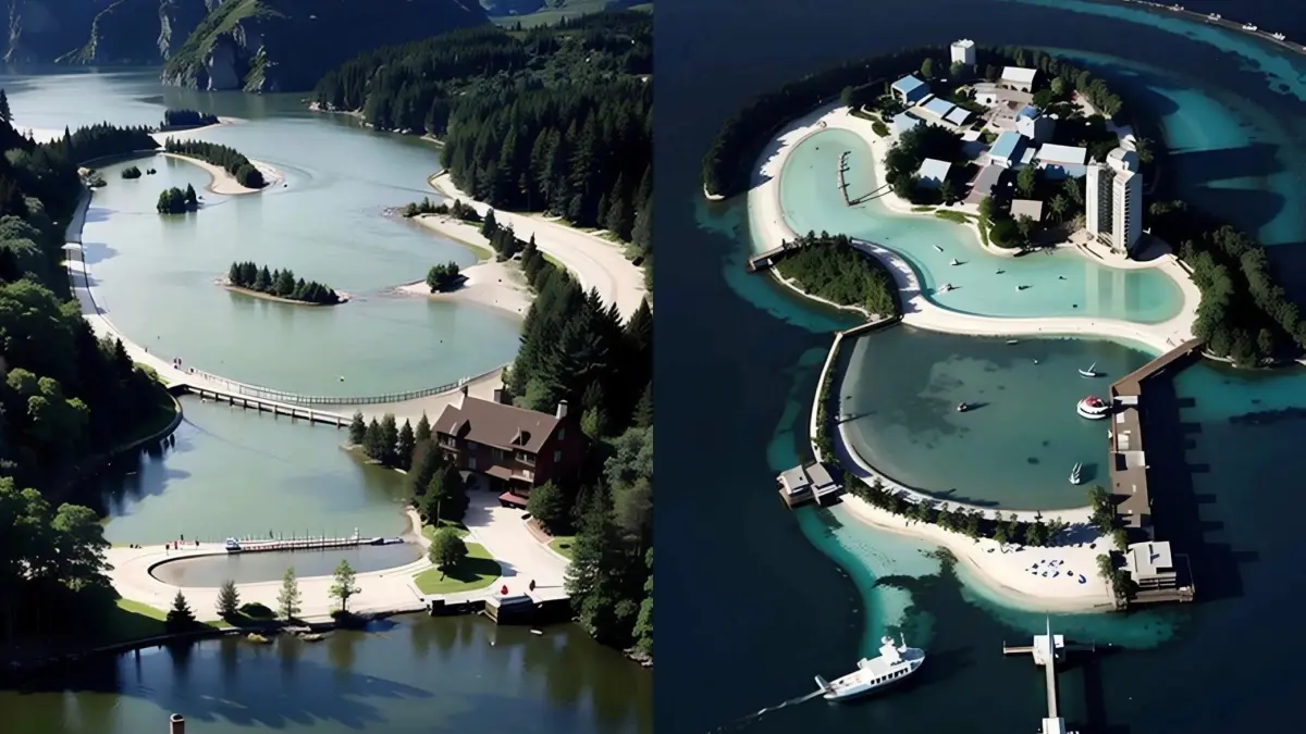 ▲網路上近日瘋傳多張外觀神似蠟筆小新與他的寵物狗「小白」的島嶼空拍照，竟是由AI繪圖生成而來。（圖／擷取自Twitter）