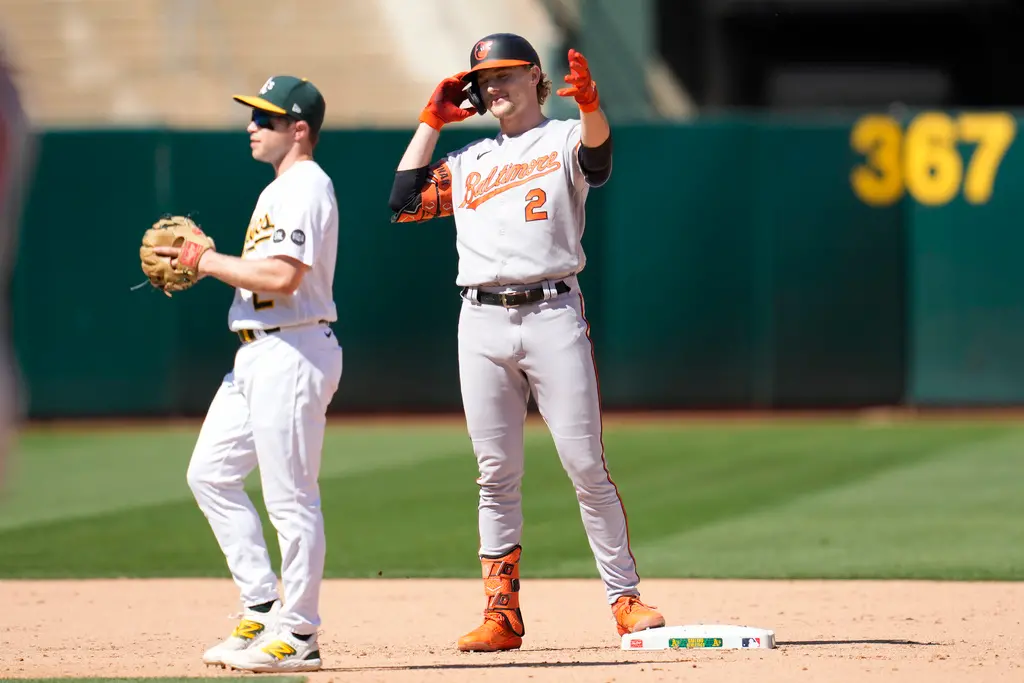 ▲Gunnar Henderson差一壘安打完成完全打擊仍全力衝向二壘。（圖／美聯社／達志影像）