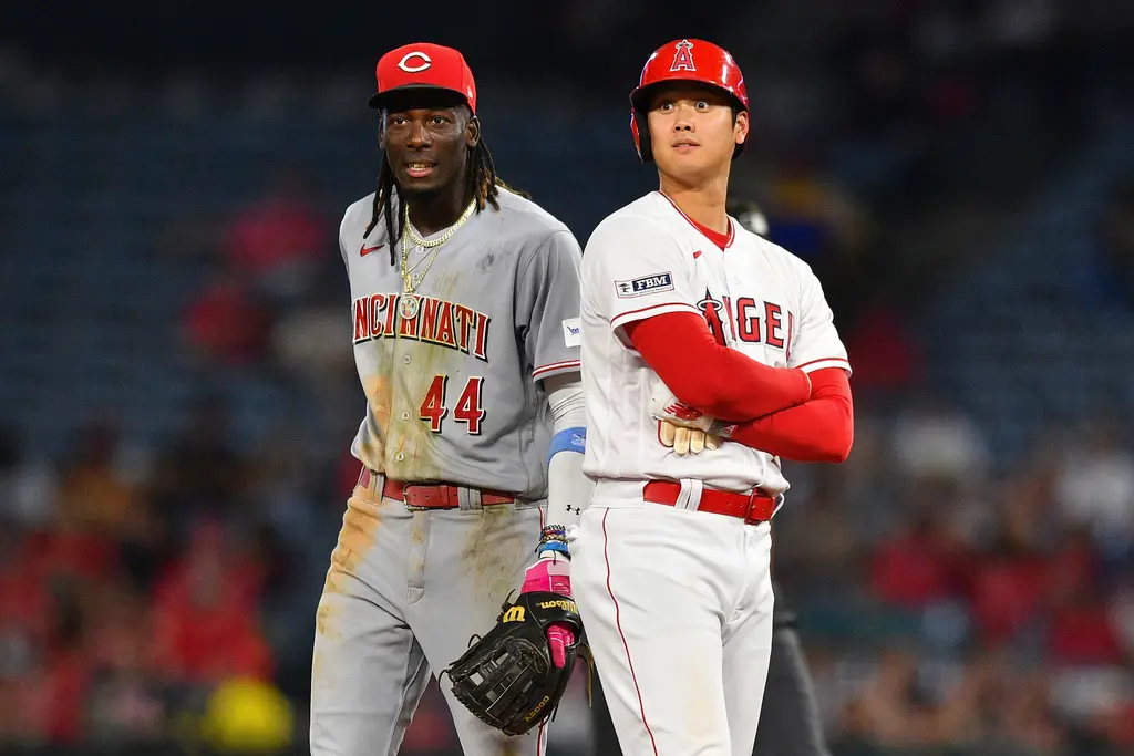 ▲天使隊大谷翔平被偷戳3下！紅人大物游擊手Elly De La Cruz表示，想確認他是不是真人。（圖／美聯社／達志影像）