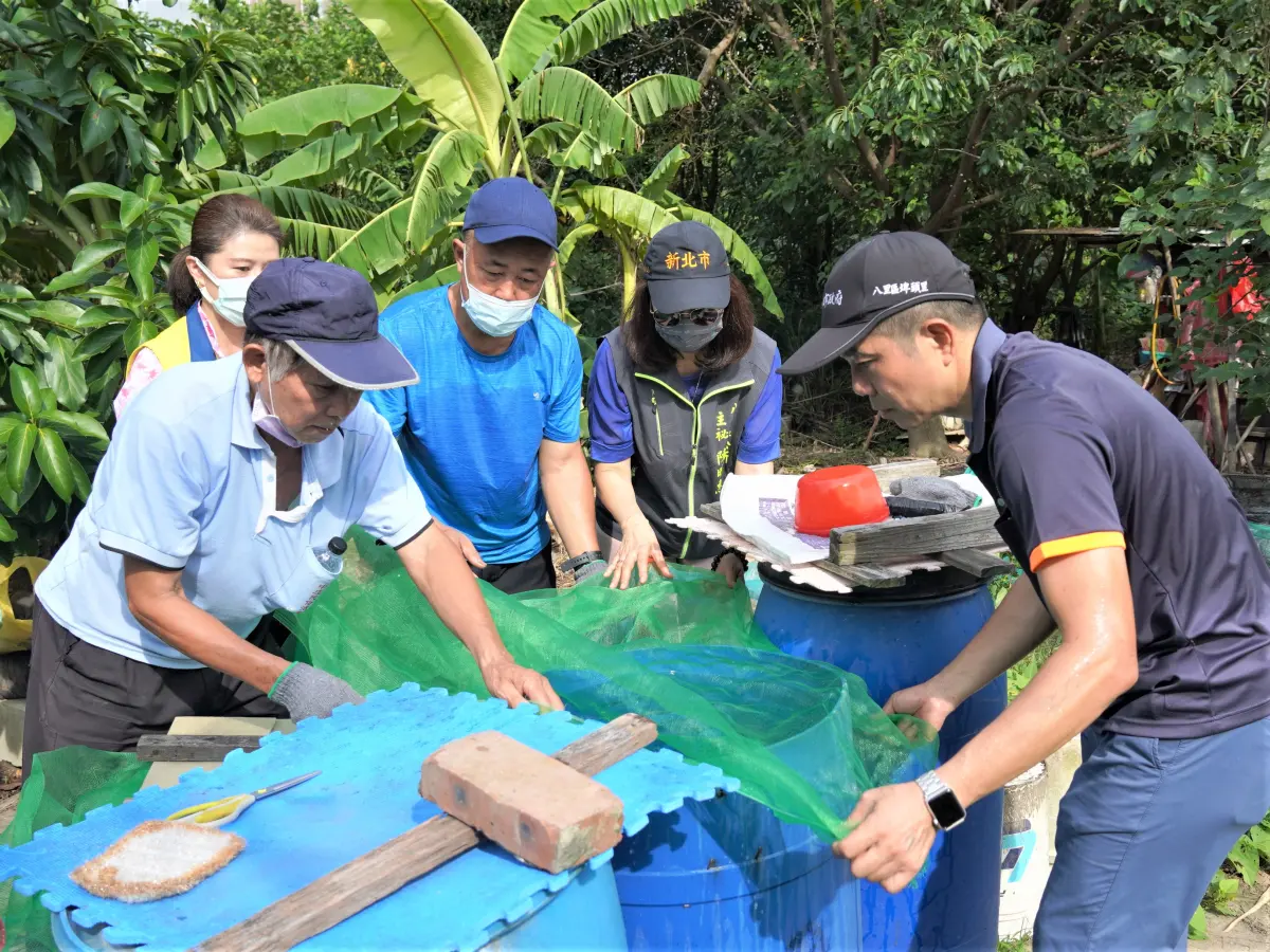 ▲里長與志工以細網覆蓋菜園澆水容器，避免蚊子進入產卵。（圖 ／八里區公所提供）