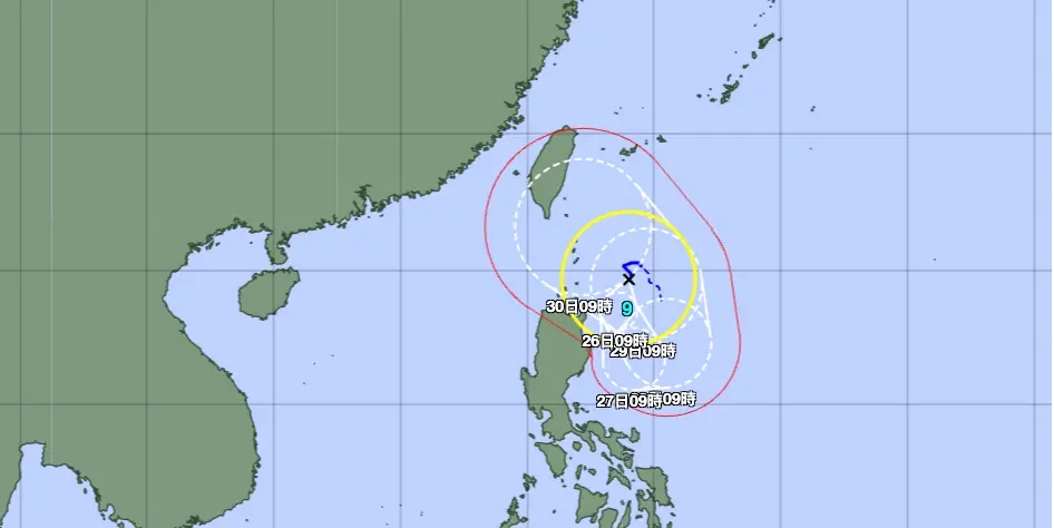 ▲日本氣象廳預估蘇拉颱風走向；而歐洲模式預估有近5成機率從花蓮登陸。（圖／翻攝自日本氣象廳）