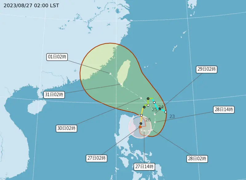 ▲中央氣象局今（27）日表示，蘇拉颱風已經在凌晨2時增強為強烈颱風，預估週二就會發布海上警報。（圖/中央氣象局）