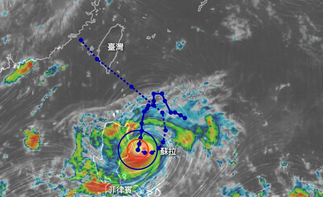 ▲強烈颱風「蘇拉」目前還在呂宋島附近打轉中，預計週二（8月29日）往台灣逼近，週三（8月30日）開始對台灣天氣造成影響。（圖／翻攝NCDR）