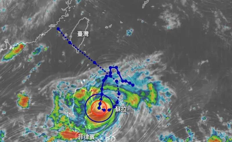 ▲強烈颱風「蘇拉」目前還在呂宋島附近打轉中，預計週二（8月29日）往台灣逼近，週三（8月30日）開始對台灣天氣造成影響。（圖／翻攝NCDR）