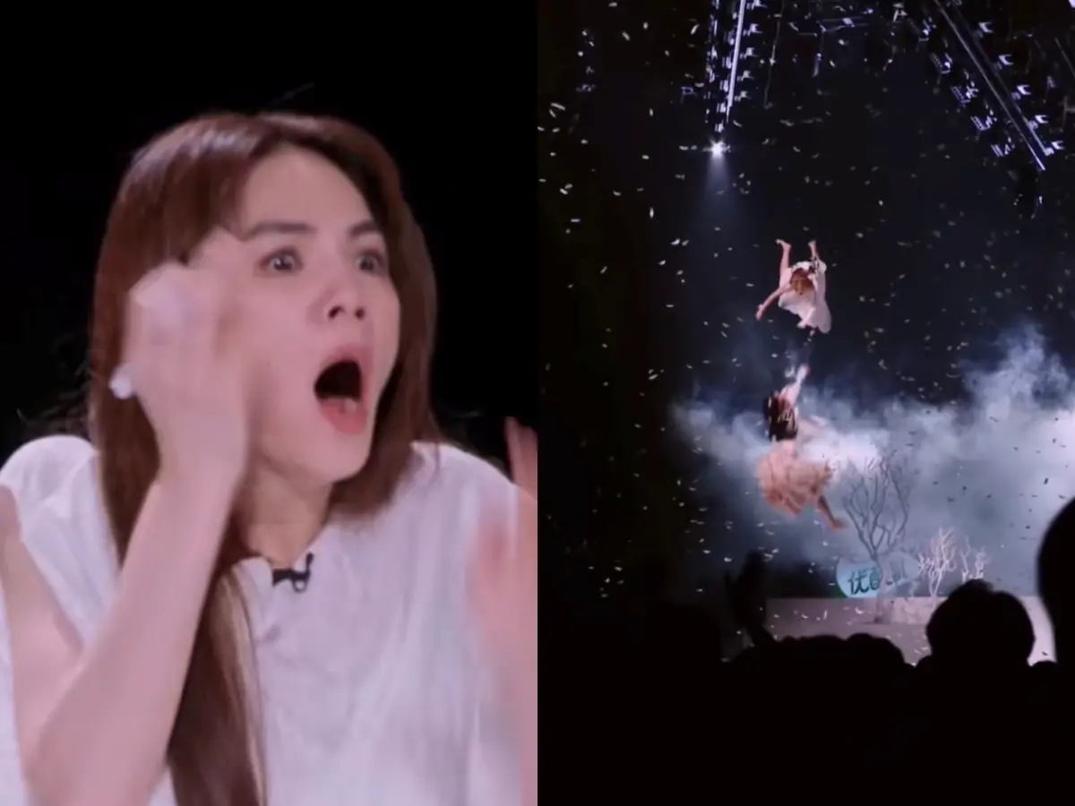 ▲孟美岐（右圖下）從4.3米高空墜落，Ella（左）目瞪口呆。（圖／翻攝新浪）