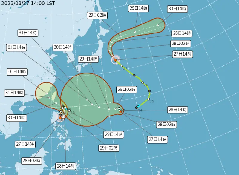 ▲蘇拉颱風明日開始靠近台灣，並在週三至週四影響最為劇烈，本週甚至可能有「三颱共舞」的可能。（圖／翻攝中央氣象局官網）