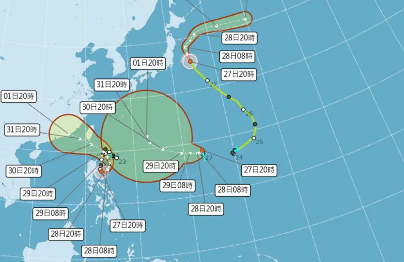 ▲蘇拉颱風開始往台灣逼近，未來在接近台灣或登陸台灣時，台中以南地區可能都會籠罩在暴風圈內，風雨相當劇烈。（圖／翻攝中央氣象局官網）