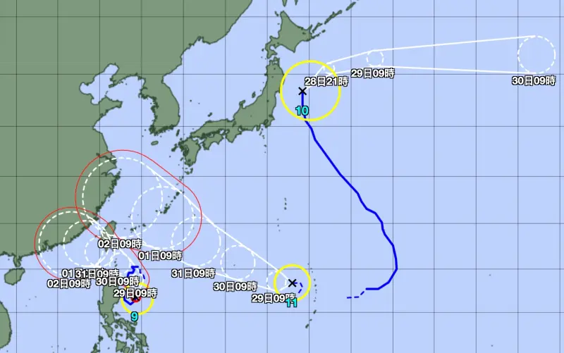 ▲今年第11號颱風「海葵」稍早生成，目前在太平洋上與蘇拉、丹瑞呈現「三颱共舞」。（圖／翻攝日本氣象聽）