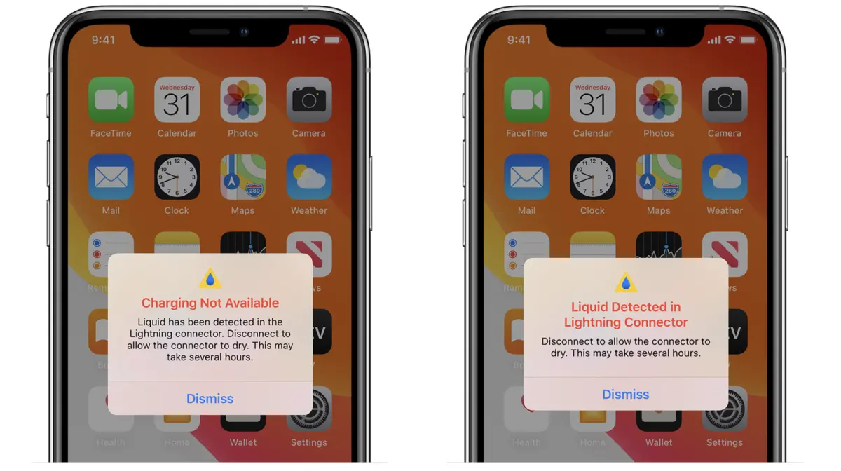 ▲iPhone 或是 Lightning 連接器偵測到水分時，手機會無法充電，如果繼續充電恐怕會讓手機永久損壞。（圖／翻攝蘋果官網）