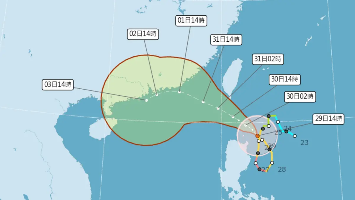 ▲蘇拉颱風路徑持續朝台灣逼近，中央氣象局在今（29）日下午5時30分發布「海上陸上颱風警報」，提醒民眾，明日至週四風雨最為劇烈。（圖／翻攝中央氣象局官網）