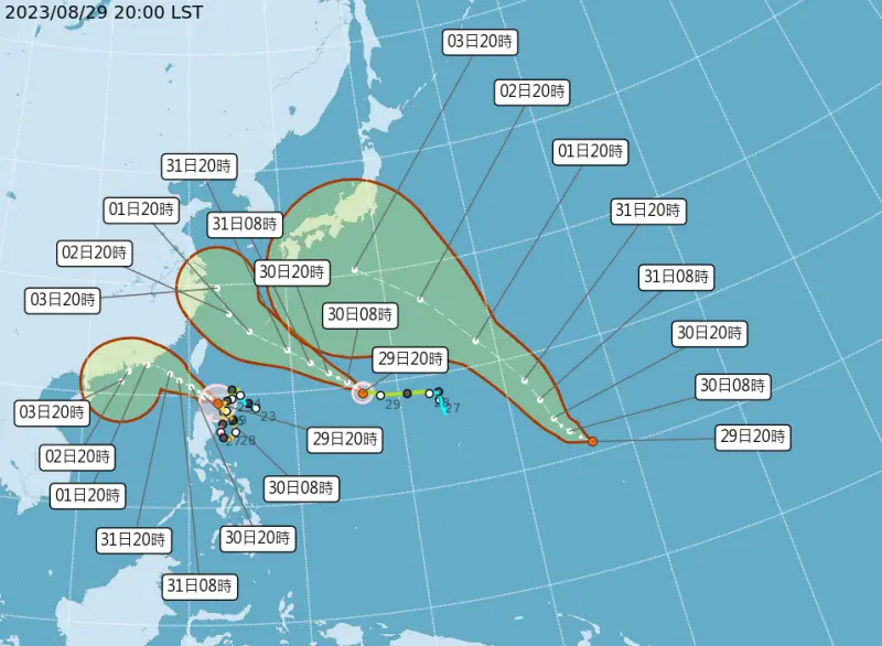 ▲蘇拉颱風持續靠近台灣，預計將在週三、週四（8月30日、31日）對台灣影響最劇烈。（圖／中央氣象局）