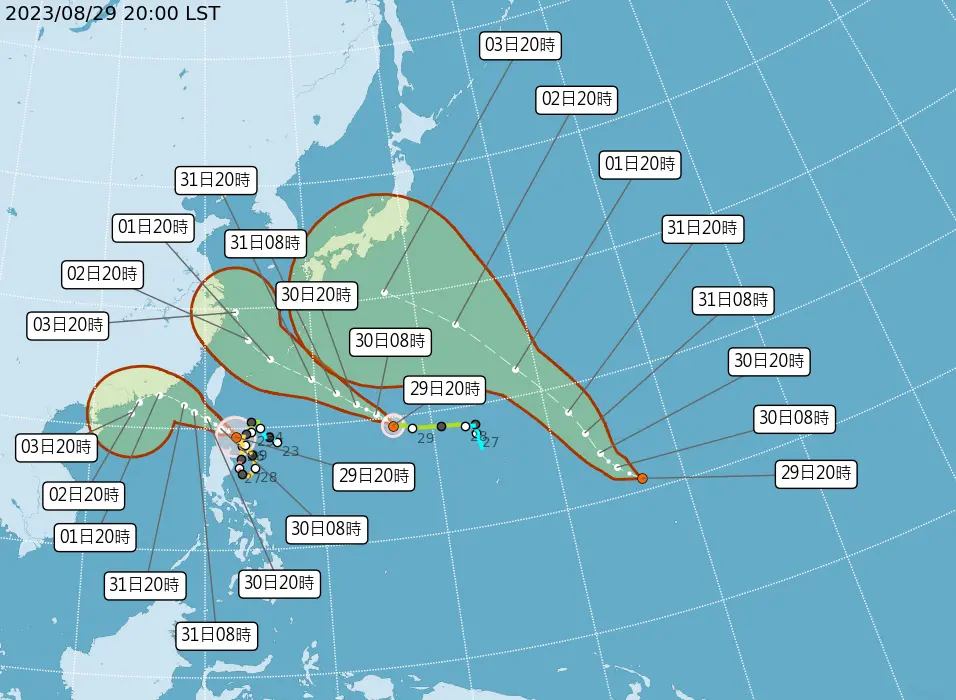 ▲蘇拉颱風持續靠近台灣，預計將在週三、週四（8月30日、31日）對台灣影響最劇烈。（圖／中央氣象局）