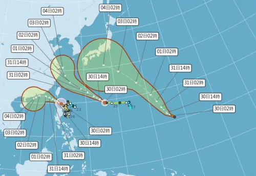 ▲蘇拉颱風結構扎實，持續發布陸上警報，而目前太平洋上呈現「颱風排排站」的情況，除了海葵外，「鴻雁」最快也在今晚生成。（圖／翻攝中央氣象局官網）