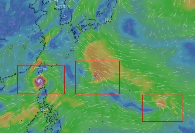 ▲蘇拉颱風、海葵颱風、鴻雁颱風未來恐「三颱共舞」，氣象專家賈新興認為，3者應該會各走各的路，互相牽連影響的機率較低。（圖／翻攝NCDR）