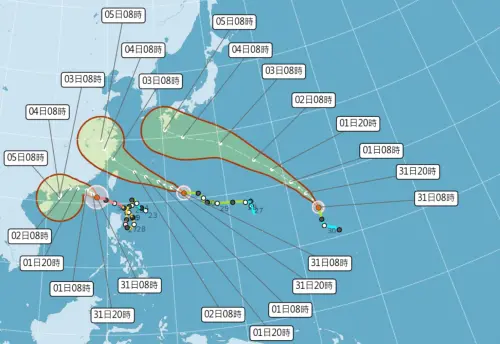 ▲蘇拉、海葵、鴻雁3個颱風目前各走各的路，在蘇拉遠離後，海葵可能會緊接著對台灣造成威脅。（圖／翻攝中央氣象局官網）