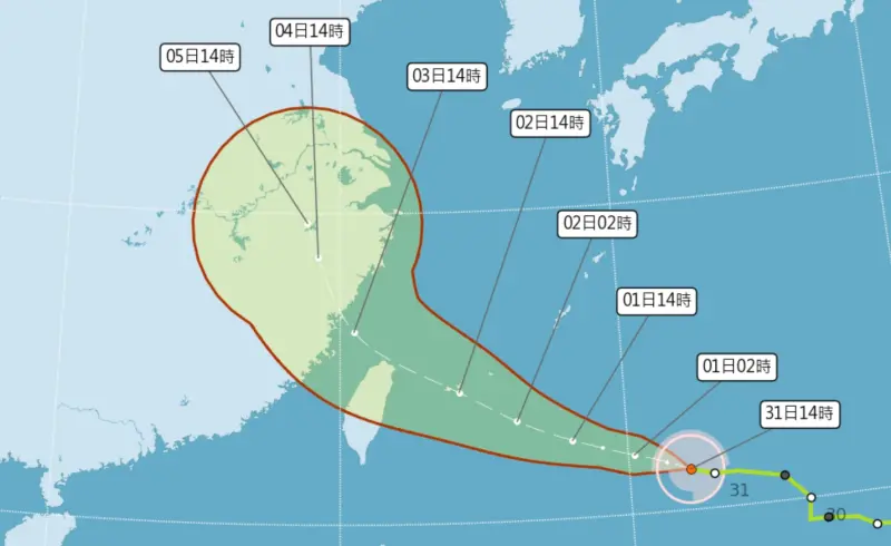 ▲海葵颱風動態持續朝西，整體路徑往南，可能成為「西北颱」威脅台灣，暴風圈更可能籠罩台中以北。（圖／翻攝中央氣象局官網）