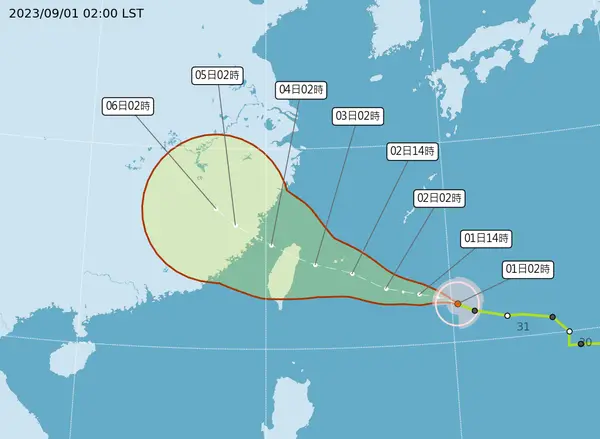 ▲海葵颱風最新路徑預測，中心點預計從東北部一帶登陸，直接橫掃北台灣地區。（圖/中央氣象局）