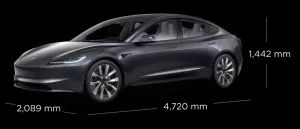 ▲新版的Model 3 車長增加來到4,720mm、寬 2,089mm、高度縮減來到1,441mm，外觀更新重點在於全新的車頭、尾燈設計。（圖／翻攝特斯拉網站）