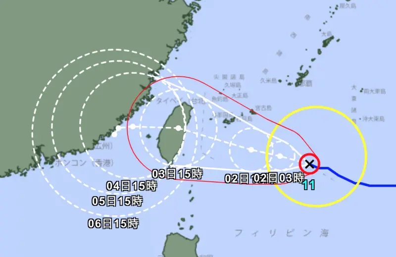 ▲日本氣象廳今（1）日下午發布最新颱風動態，海葵颱風預測行進路徑直撲台灣，3日很可能登陸台灣本島。（圖／翻攝自日本氣象廳）