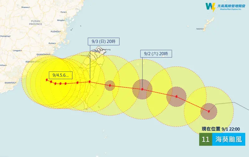 ▲海葵颱風在短短48小時之類，路徑不斷調整，目前預估中心將從台東一帶登陸。（圖/天氣風險公司臉書）