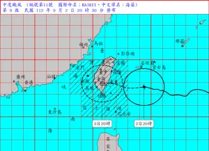 ▲海葵颱風晚間8時中心位置在鵝鑾鼻的東方約370公里海面上。（圖／中央氣象局）