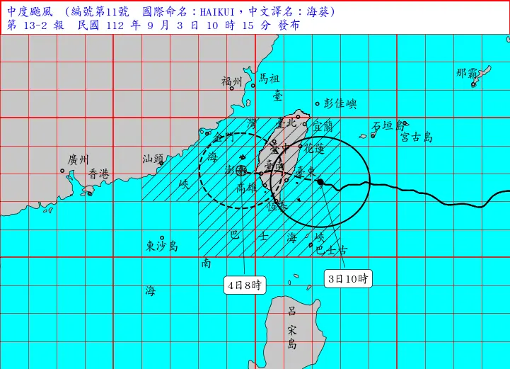 ▲海葵颱風3日上午10時中心位置在台東東方約120公里處，估下午至傍晚在台東附近登陸。（圖／氣象局）