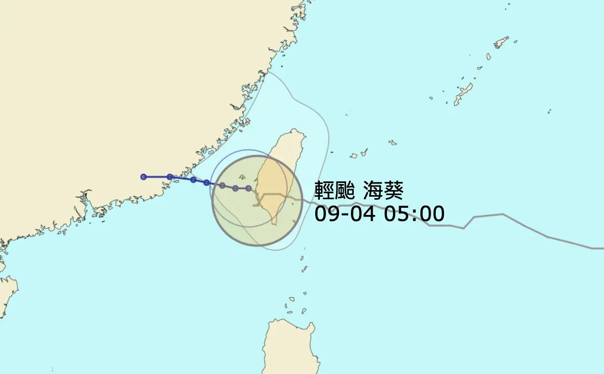 ▲海葵颱風昨晚從高雄梓官出海，但沒想到後續海葵持續在台灣西南沿海逗留，今日清晨出現「二度登陸」的情況。（圖／翻攝NCDR）